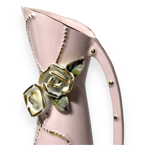Pink Porcelain Bud Pitcher Vase with 3D Roses and‎ Gold Detailing - Picture 2 of 5